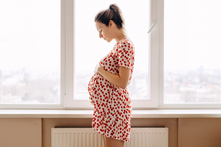 A pregnant woman stands by windows