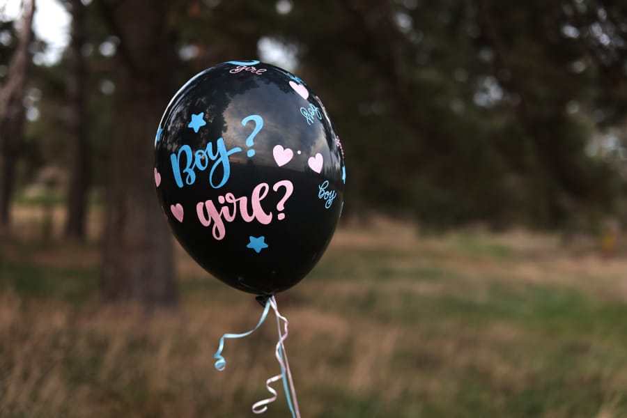 A gender reveal balloon