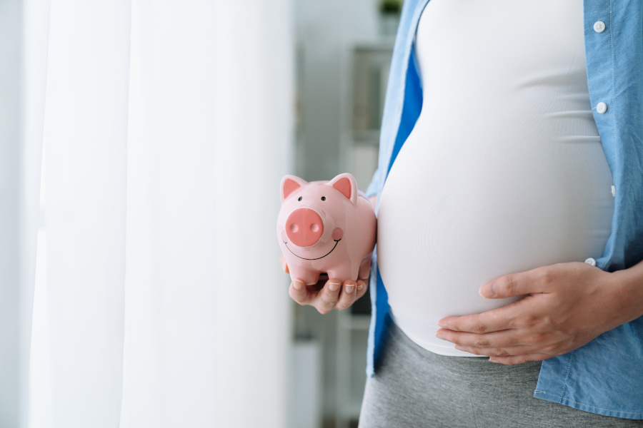 A pregnant woman and piggy bank