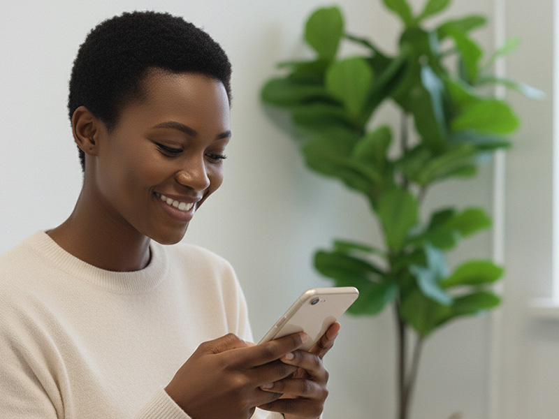 A woman smiling reading her phone