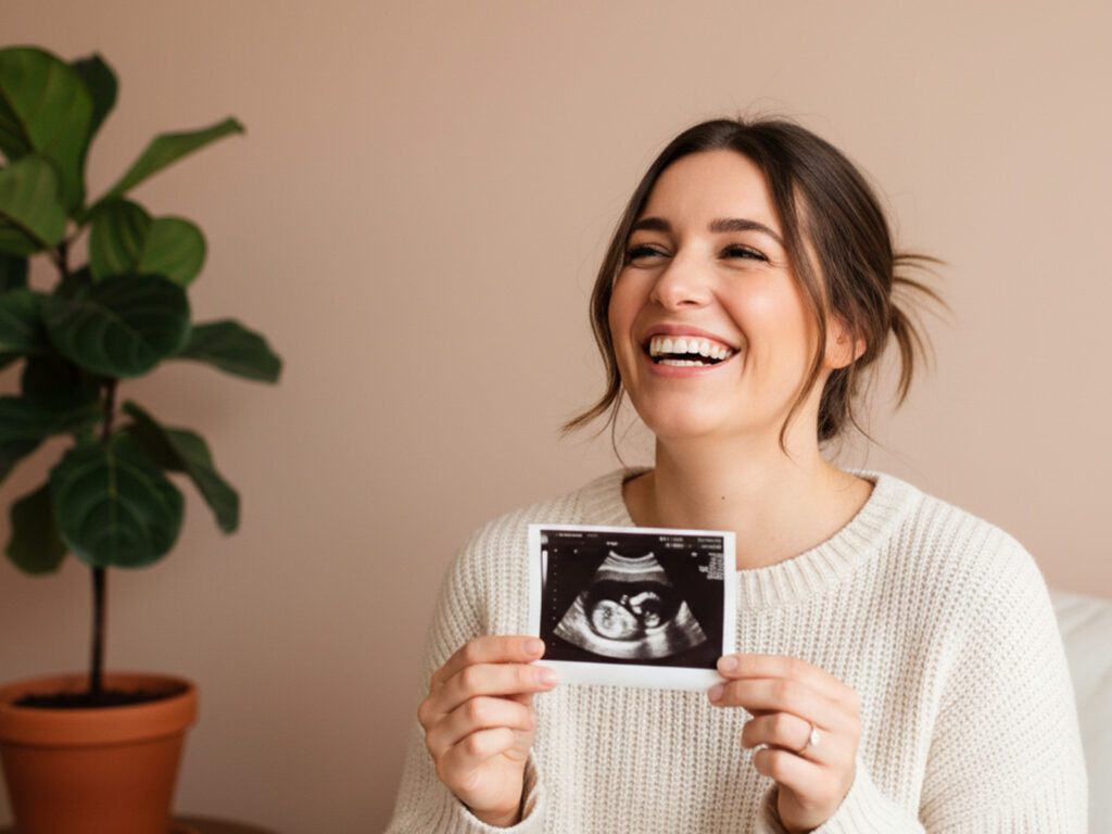 A smiling and laughing woman holding a fake ultrasound
