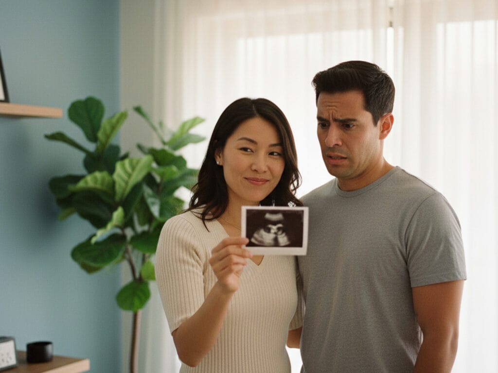A woman holding a fake ultrasound with her boyfriend