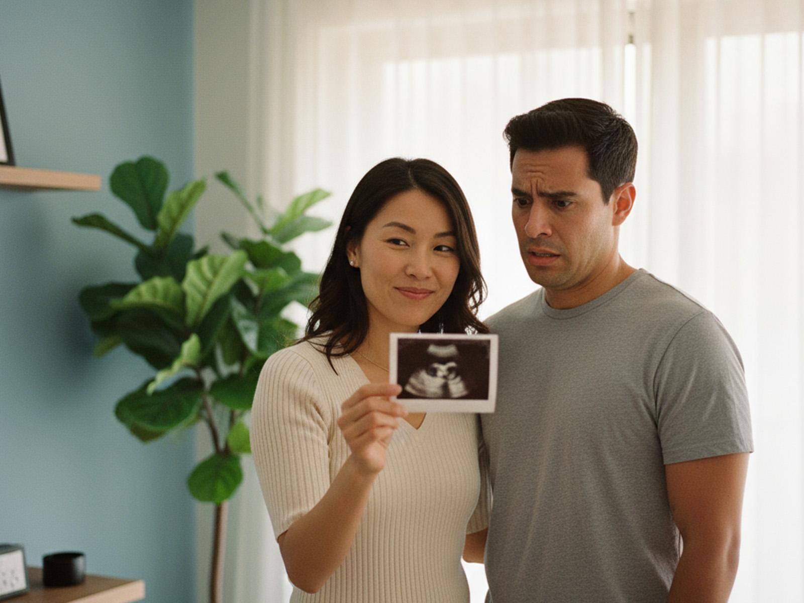 A woman holding a prank ultrasound next to her shocked boyfriend