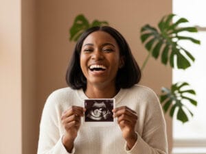 A smiling and laughing woman holding a fake ultrasound