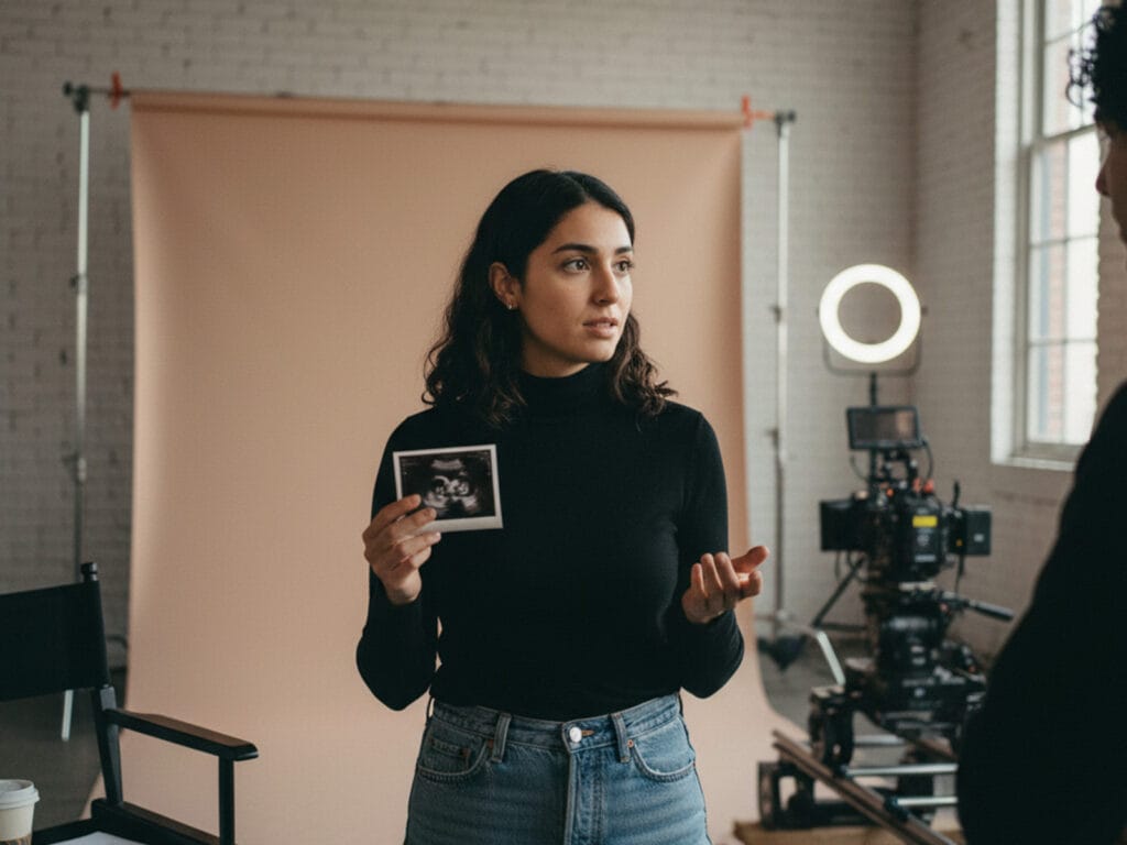 A woman holding an ultrasound at a photoshoot with a backdrop