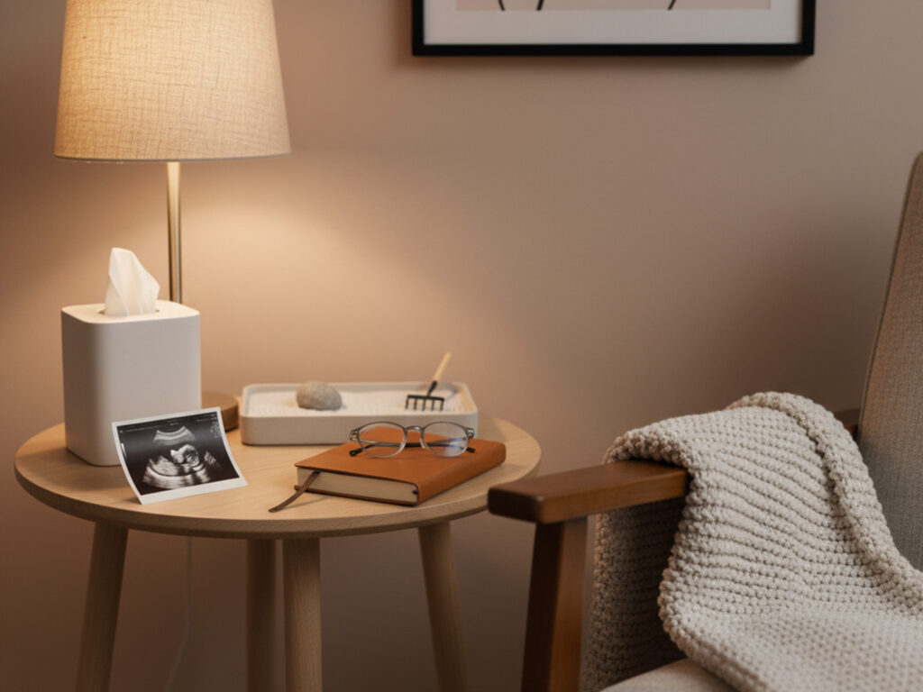 An ultrasound sitting on a small table next to a book and a lamp
