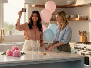 A woman holding up an ultrasound at a gender reveal party in the kitchen