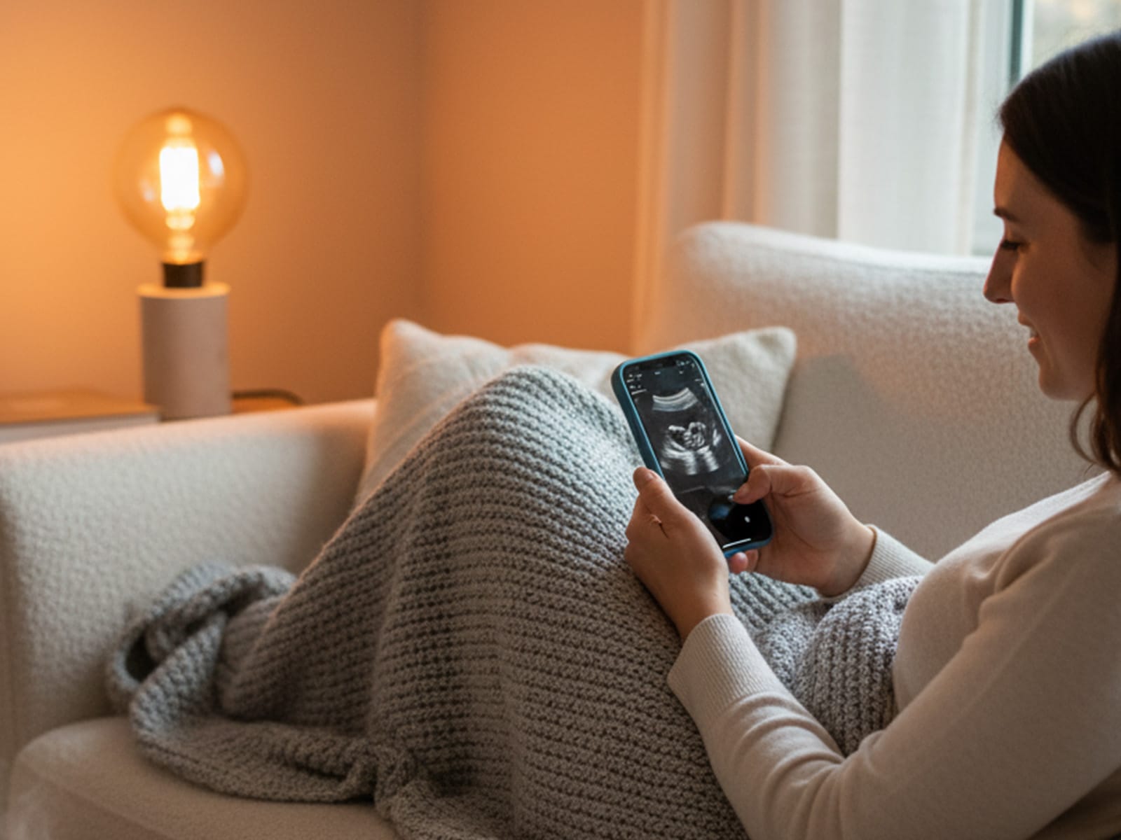 A woman on the couch looking at an ultrasound on her phone