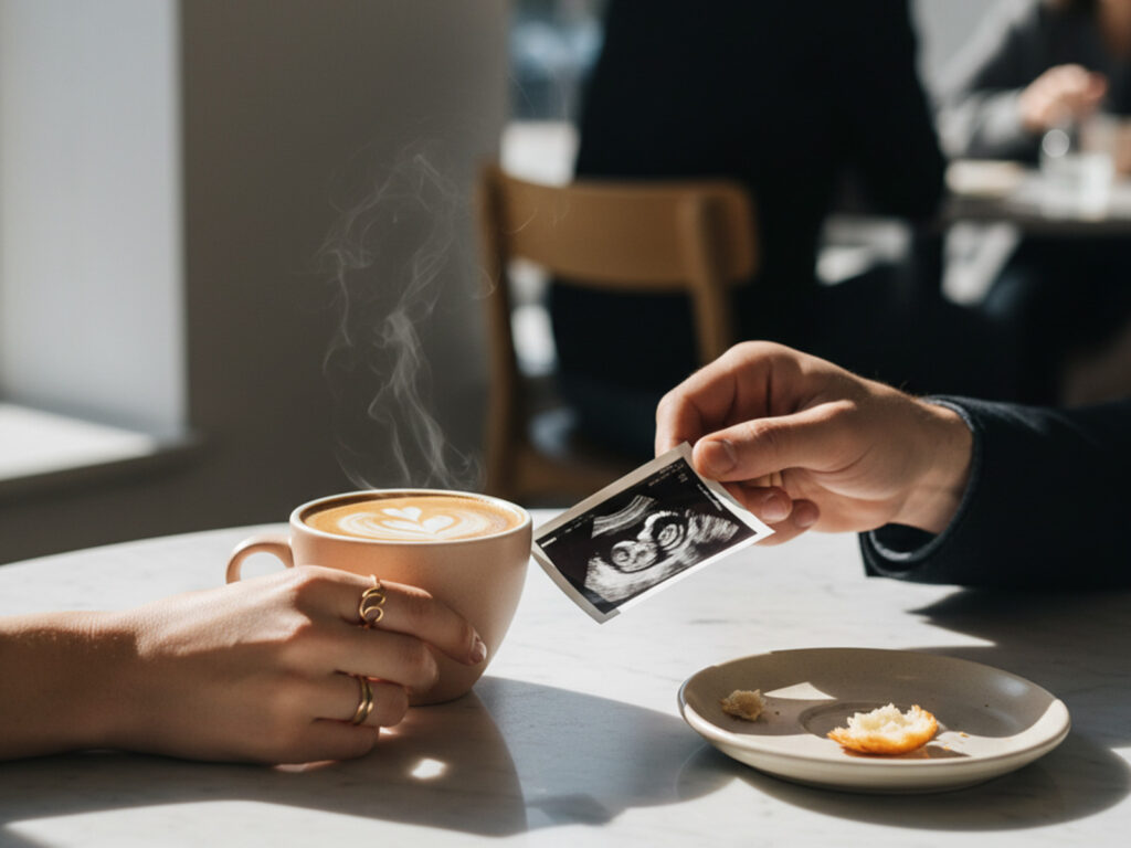 Two pairs of hands holding a prank ultrasound at a cafe