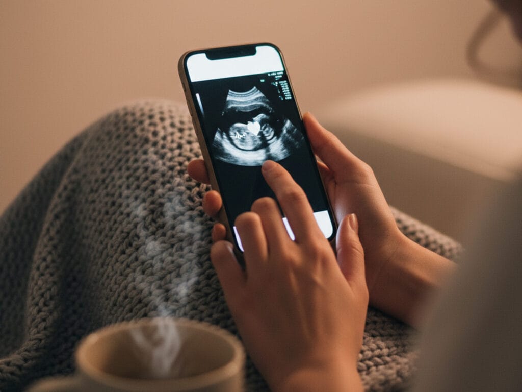 A woman holding a cellphone looking at a closeup of an ultrasound