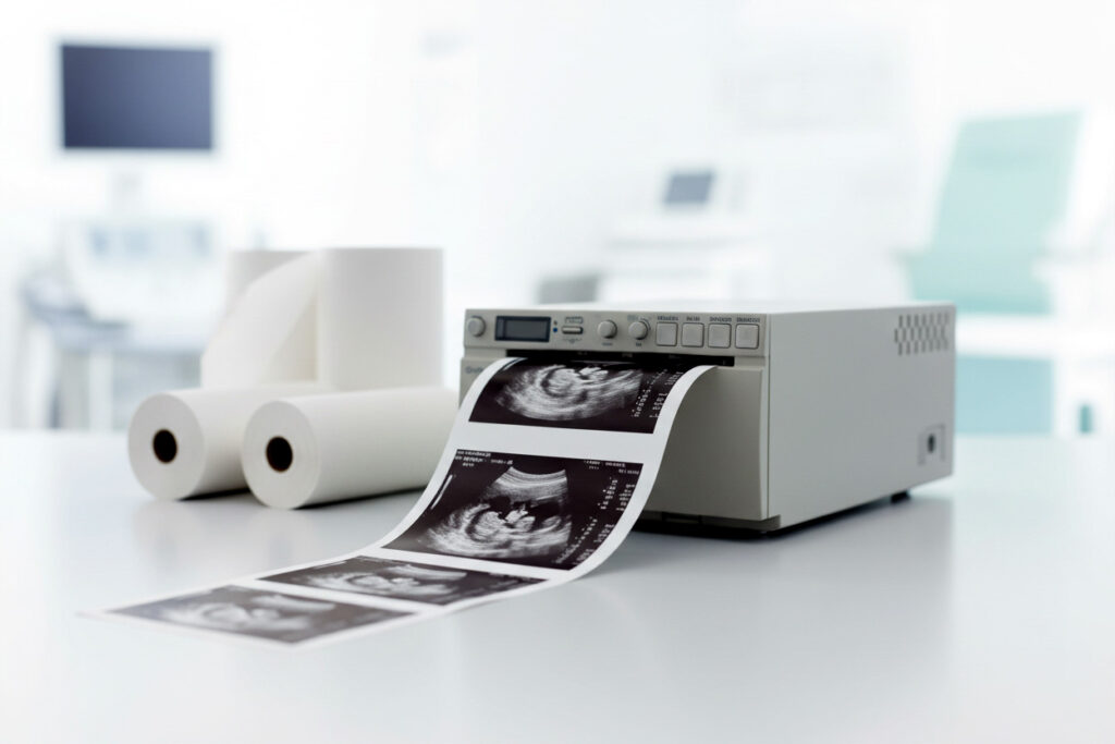 Photoshoot image of a high quality fake ultrasound printed from a thermal printer, with thermal paper and medical equipment in the background.