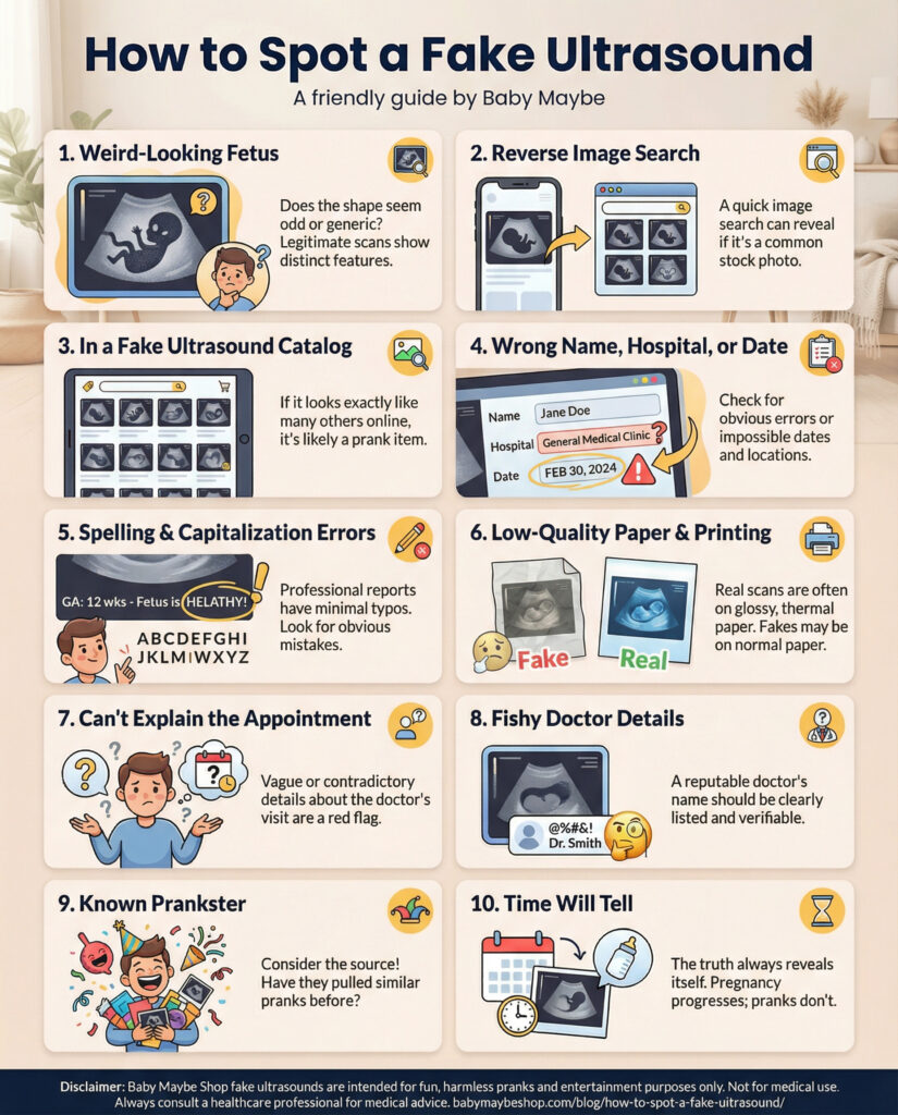 How to Spot a Fake Ultrasound infographic showing 10 detection methods including checking for strange fetus appearance, Google image search matches, wrong details, spelling errors, low-quality printing, inconsistent stories, and prankster tendencies